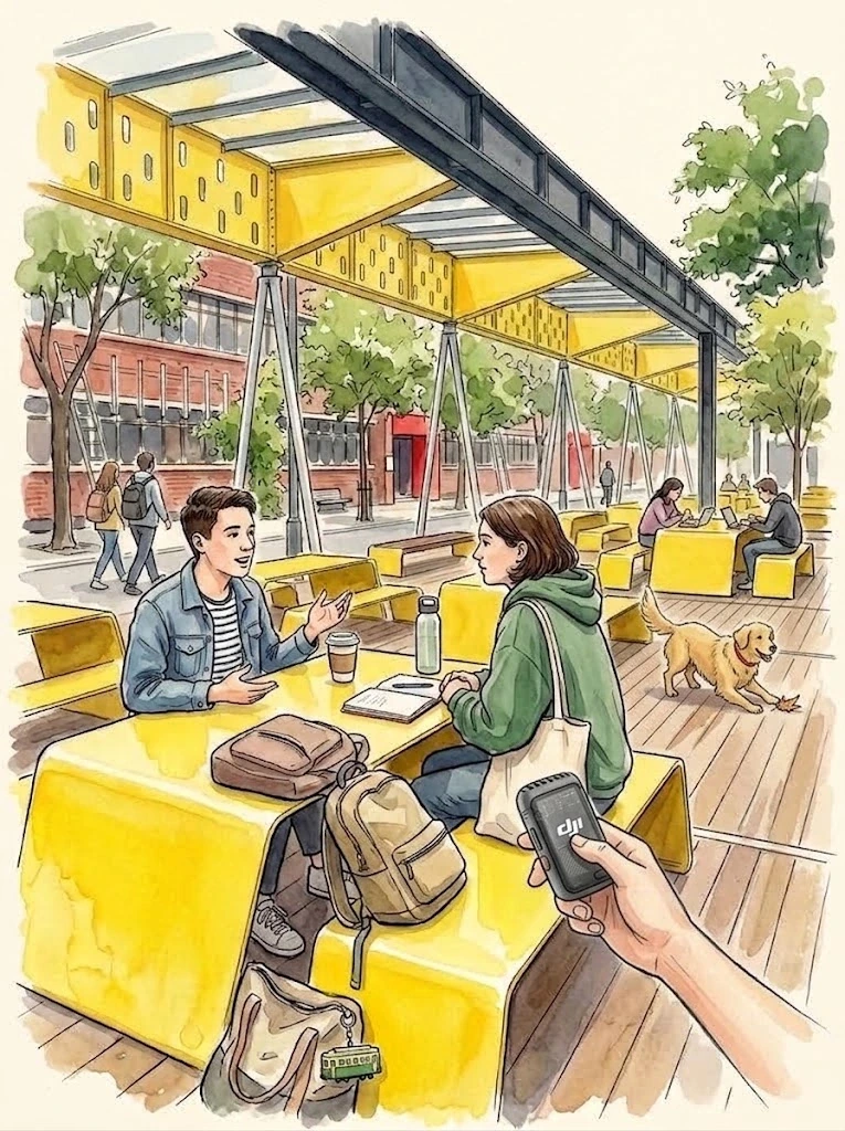 Watercolour Bowen Street student conversation with a DJI microphone and Ollie playing with a leaf