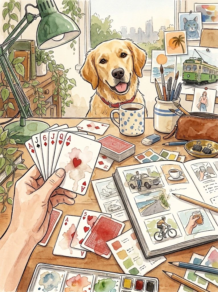 Watercolour creative desk with a held card fan, scattered cards, sketchbook and golden retriever Ollie