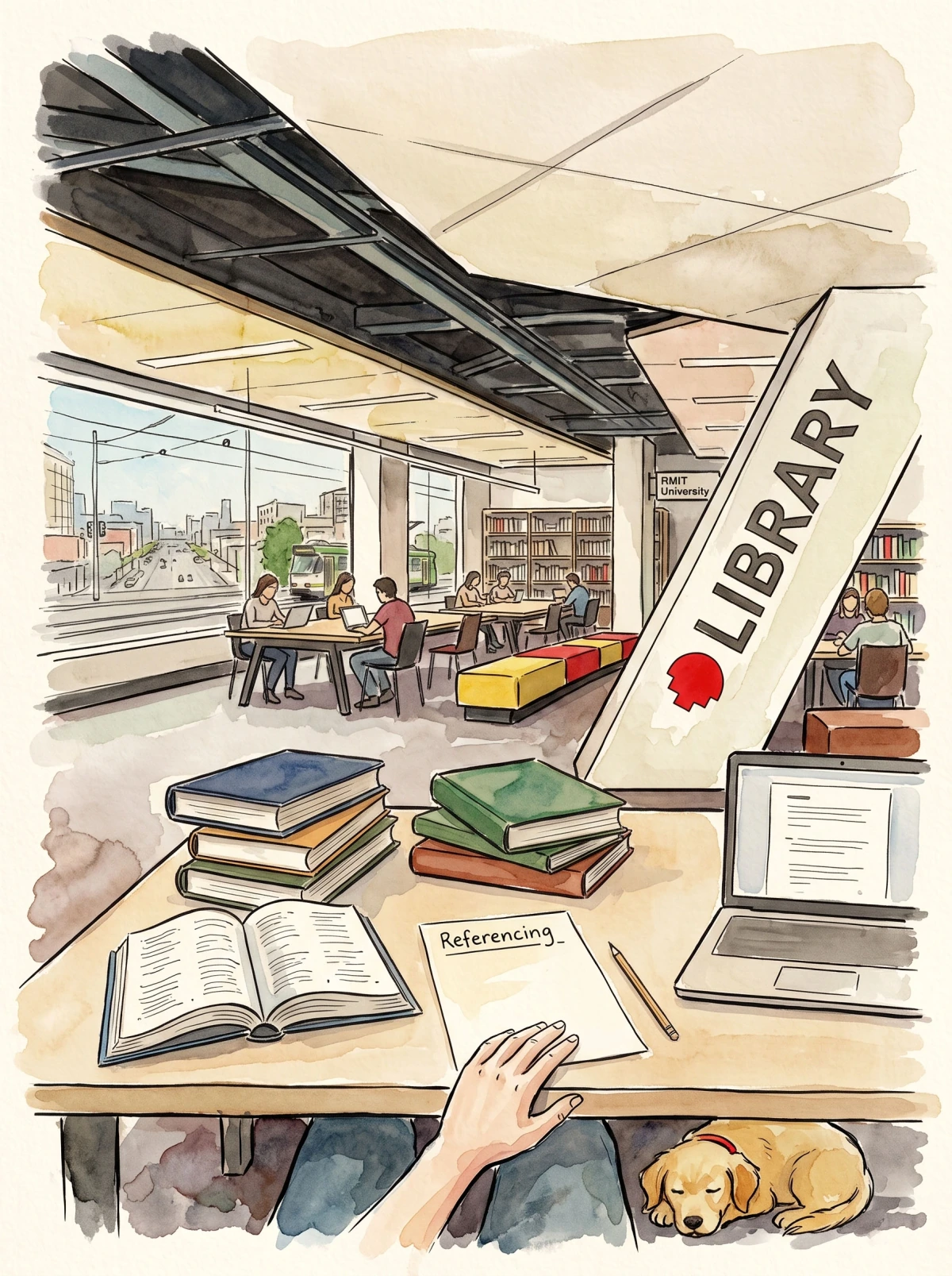 Watercolour RMIT library with a referencing sheet, books, laptop and Ollie asleep nearby