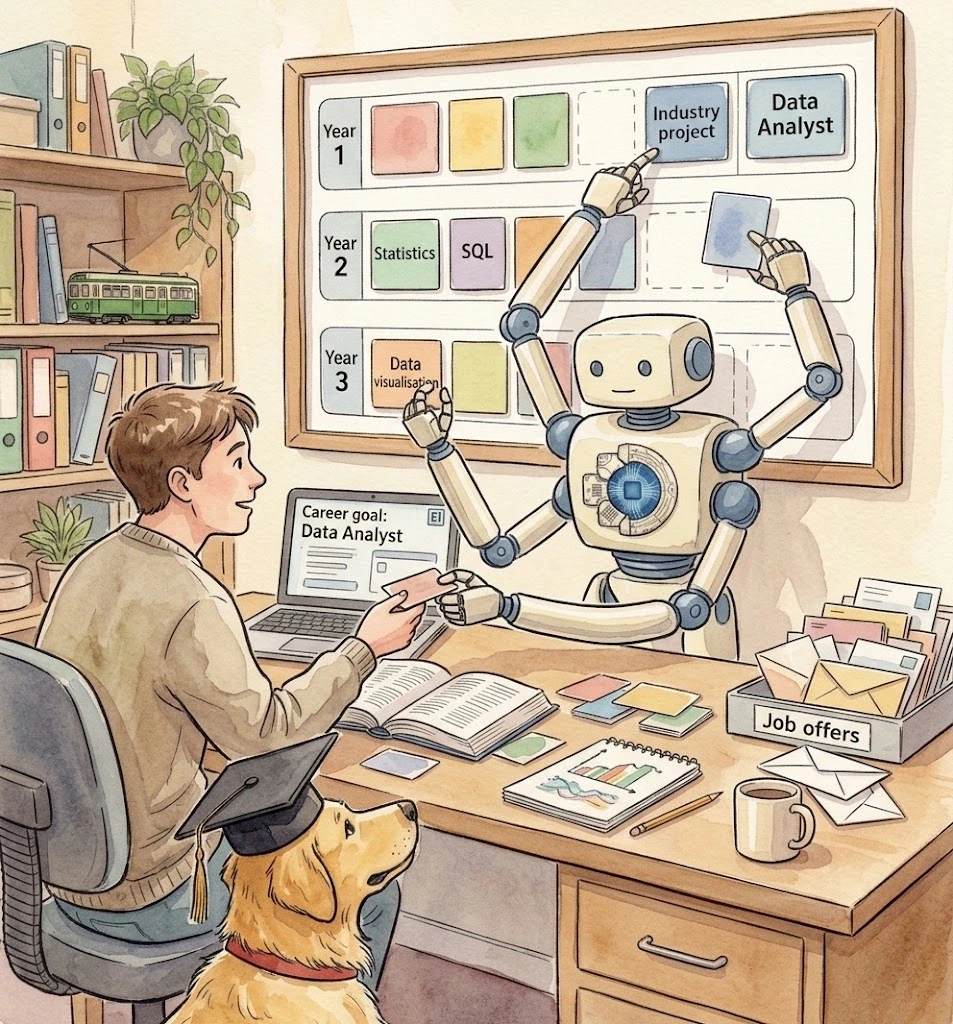 Watercolour robot arranging a career-aligned subject plan with a student and Ollie wearing a graduation cap