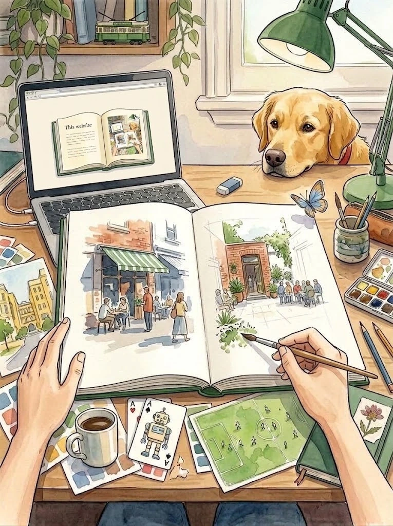Watercolour artist painting a sketchbook beside a laptop showing the same scene, with Ollie watching a butterfly